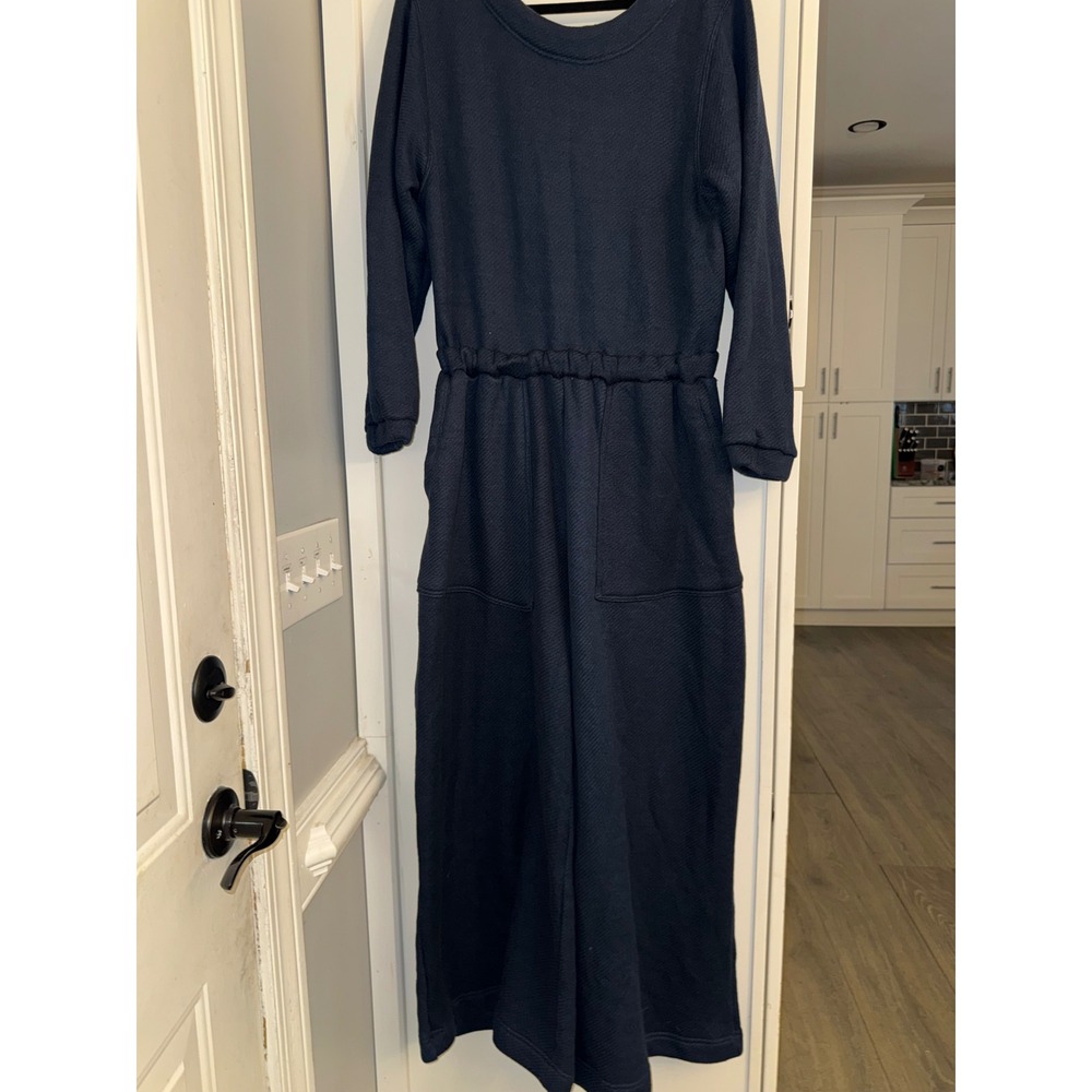 Free People FP Beach Navy Blue Waffle Knit Open Back Wide Leg Jumpsuit Medium